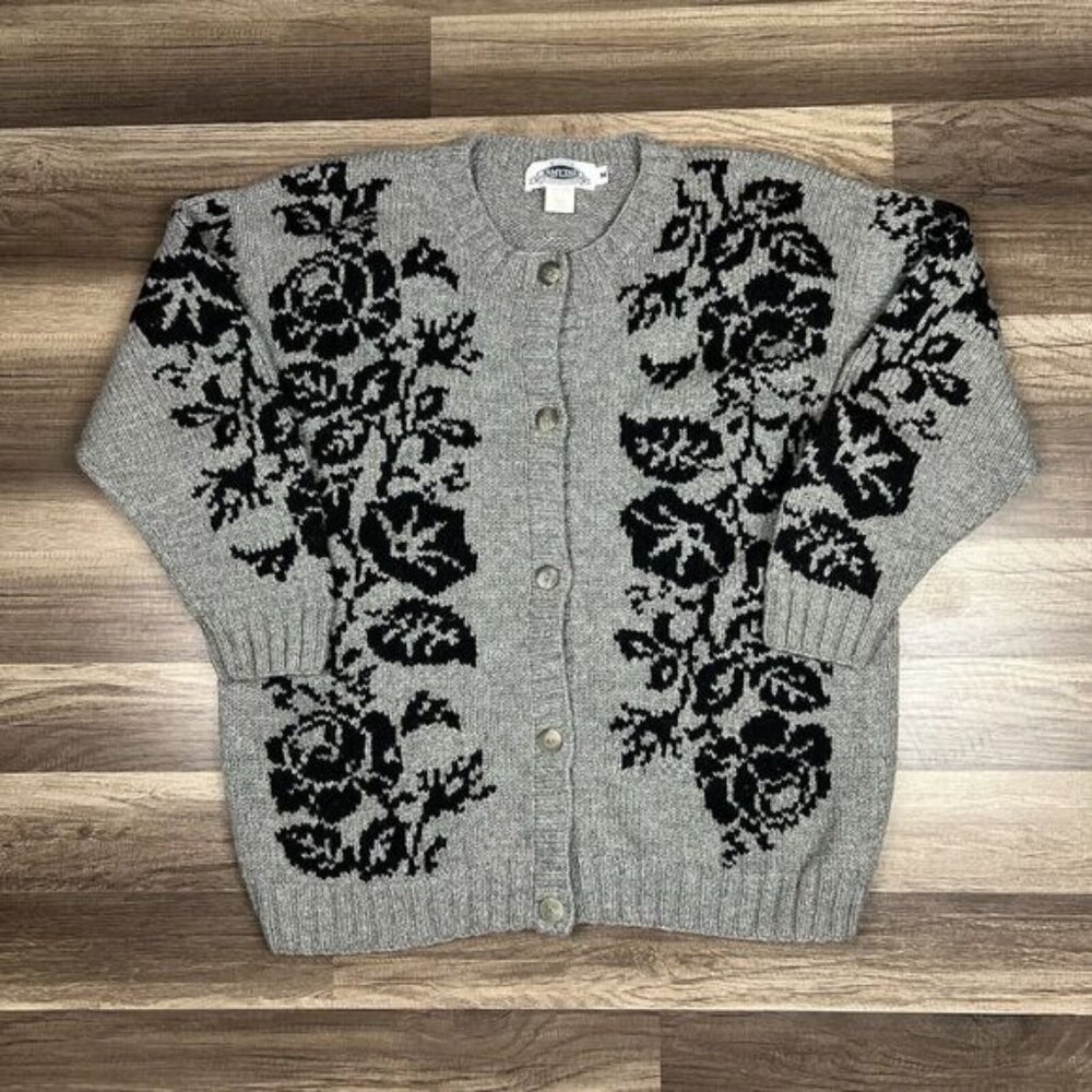 VTG Smythe & Company Button Up Floral 100% Wool Gray Cardigan Sweater Sz Medium